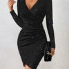 Black Glitter V-Neck Ruched Mini Dress