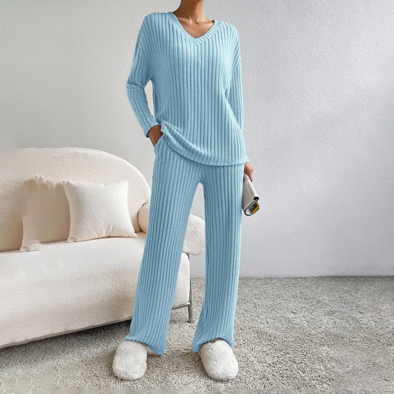 V-Neck Ribbed Top & Straight Leg Pants Set