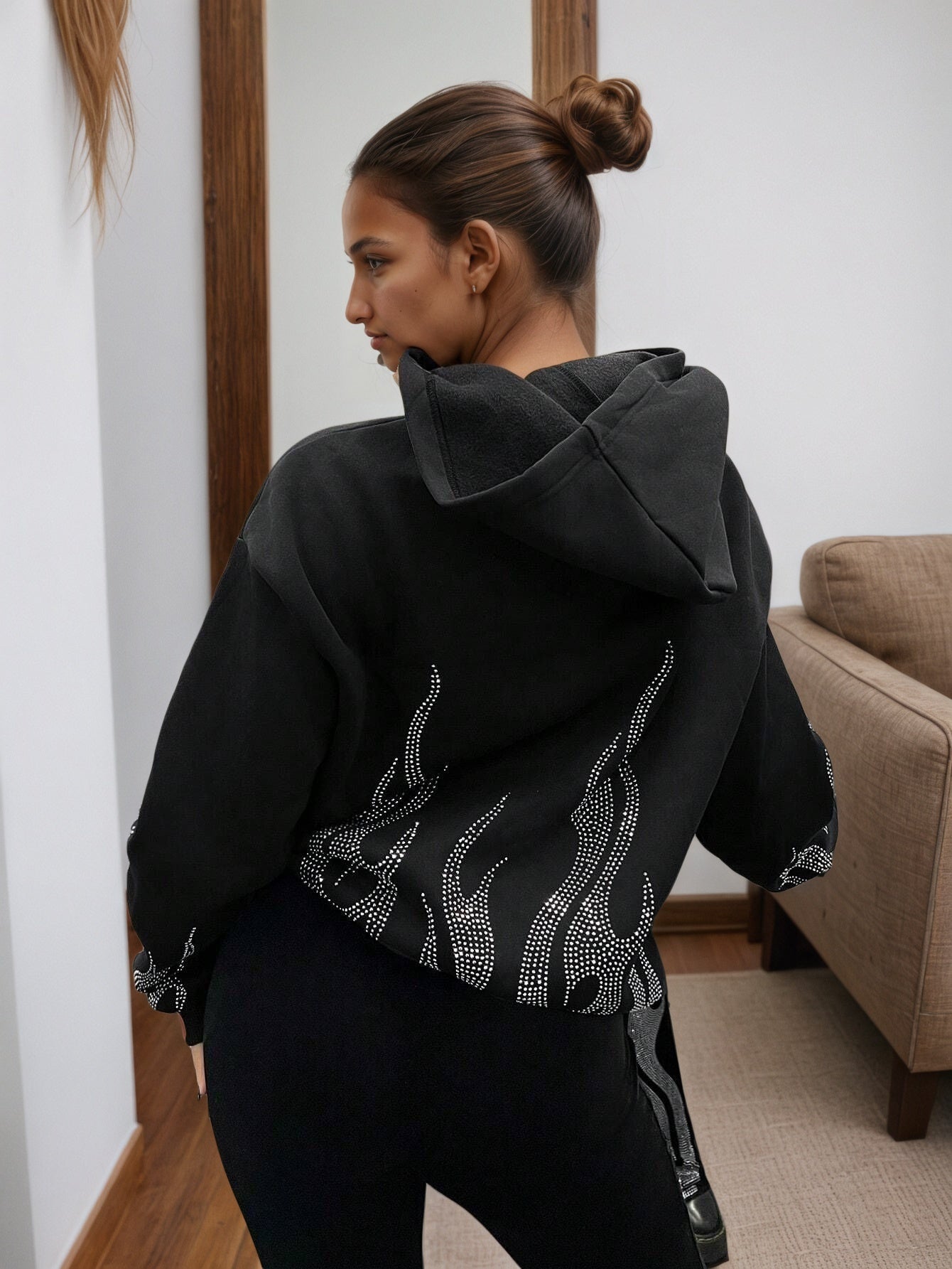 Flame Print Hooded Zip-Up Jacket