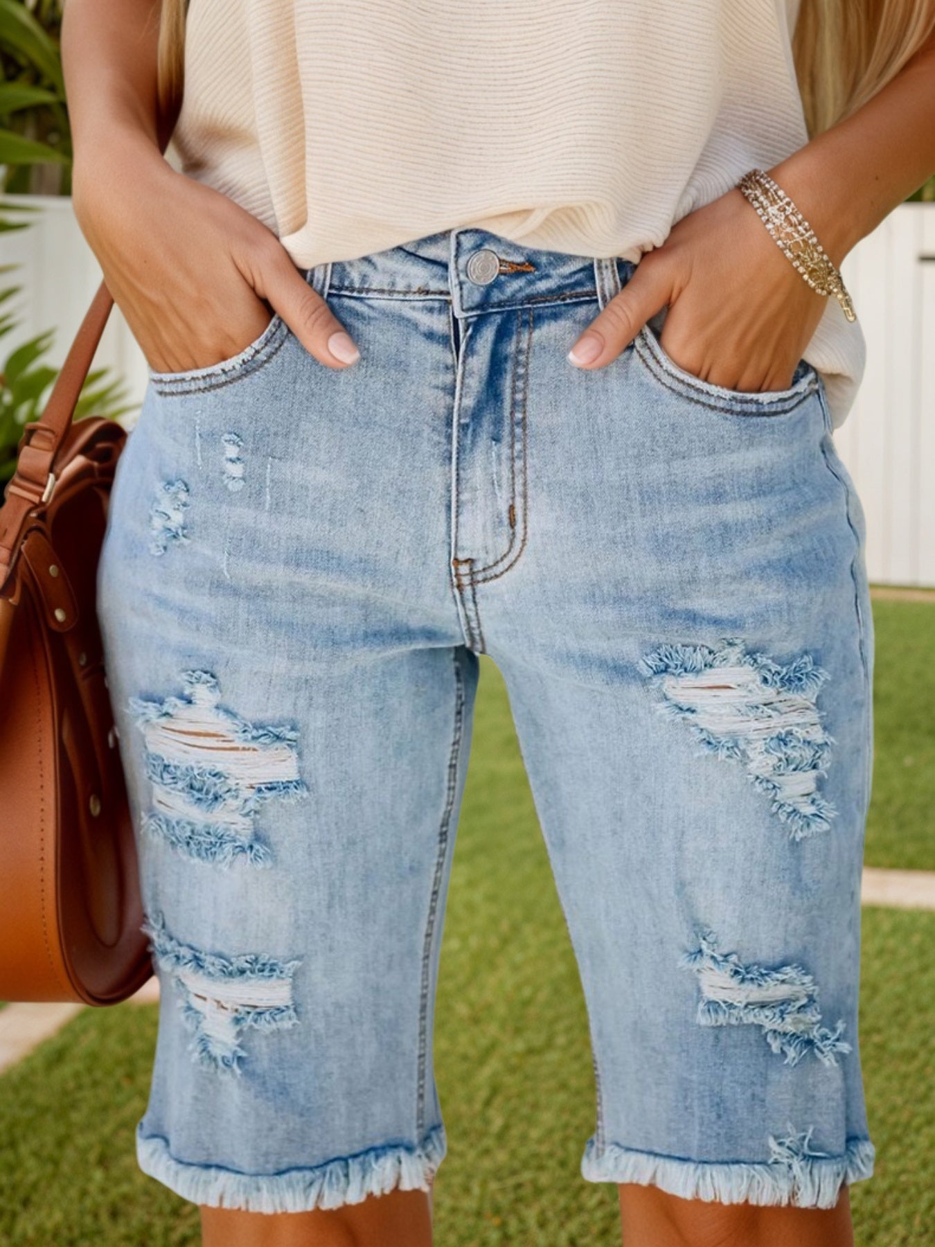 Ripped Denim Quarter-Length Shorts