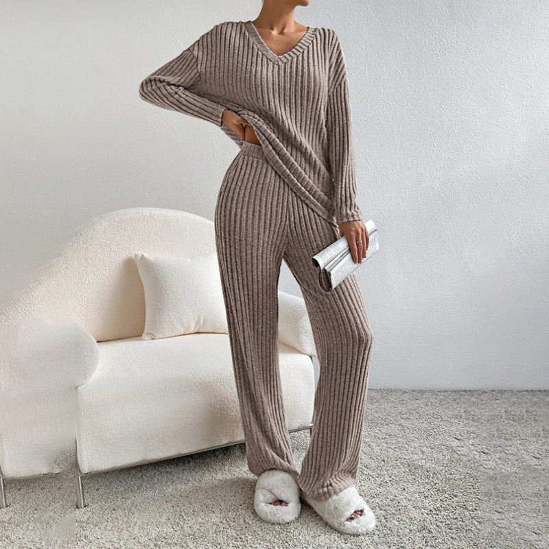 V-Neck Ribbed Top & Straight Leg Pants Set