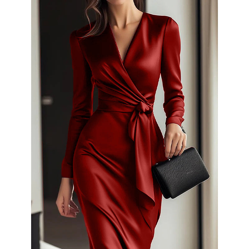 Burgundy Satin V-Neck Midi Dress