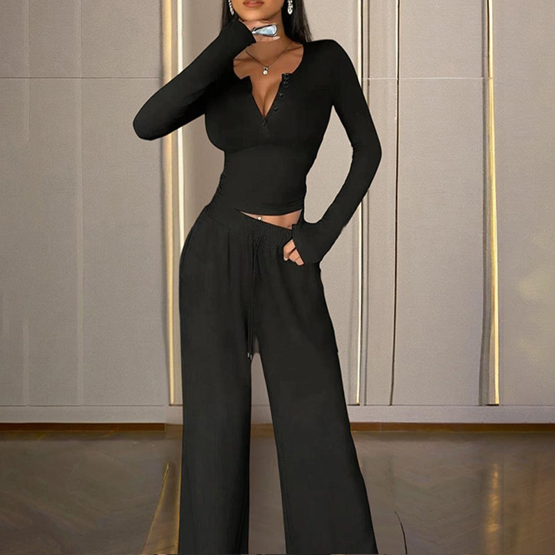 V-Neck Top & Wide-Leg Pants Set