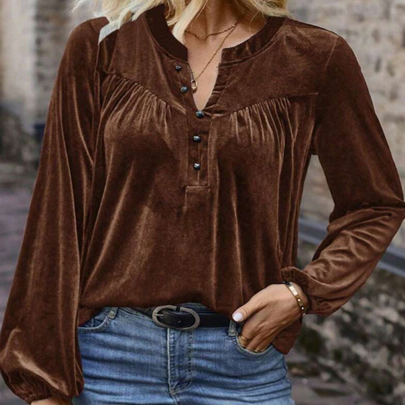 Solid V-Neck Button Detail Blouse