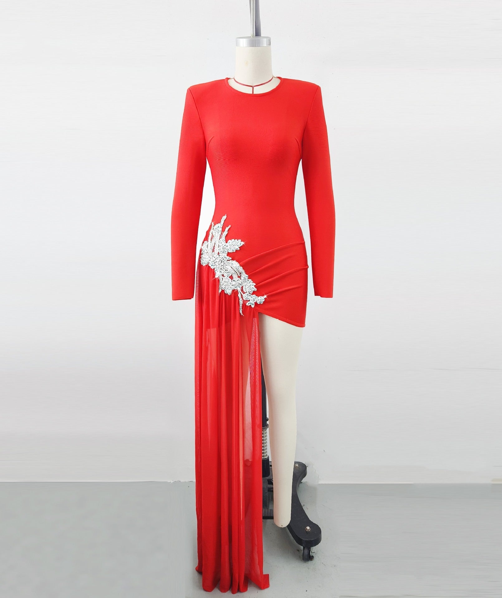 Black Rhinestone Flower Long Sleeve Bandage Evening Dress Club Party