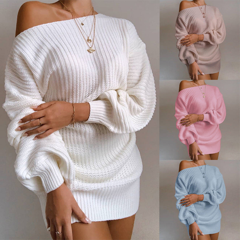 Off Shoulder Knitted Sweater Dress Autumn  Winter Loose Long Sleeve