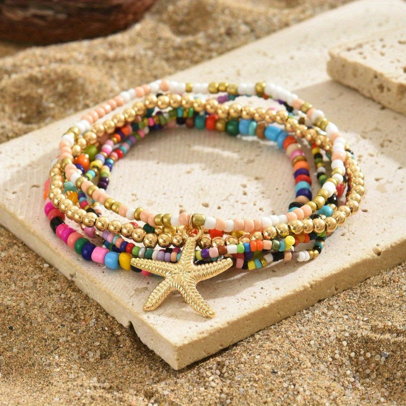 Bohemian Starfish Anklet with Multi-Layer Beads