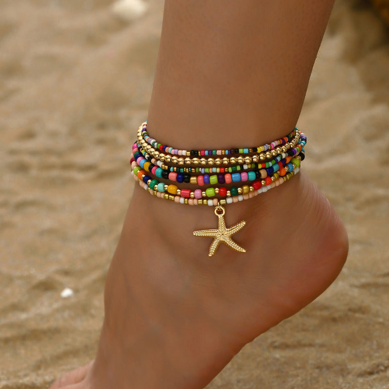 Bohemian Starfish Anklet with Multi-Layer Beads