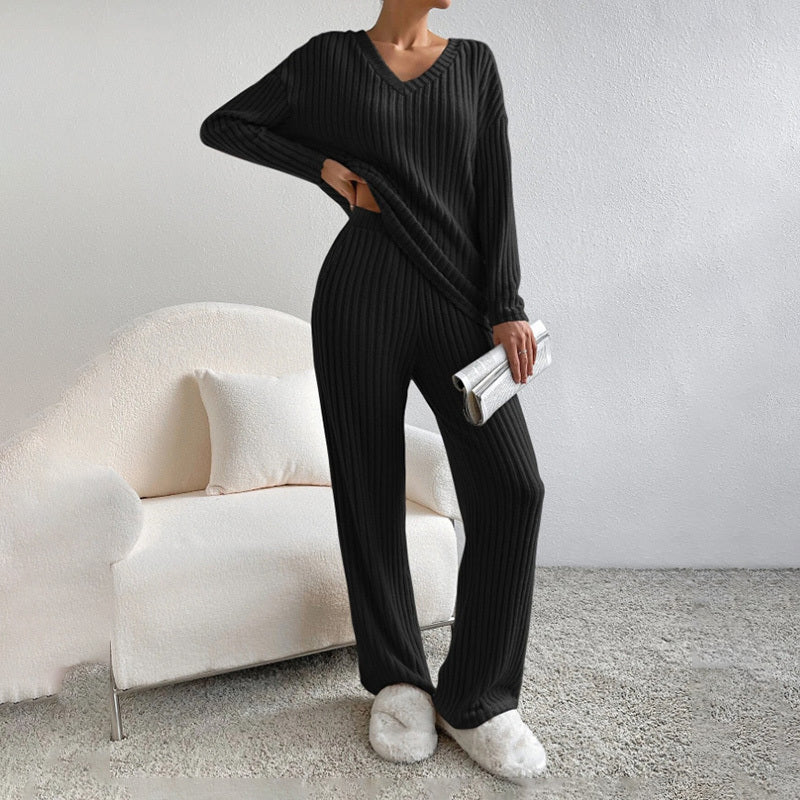 V-Neck Ribbed Top & Straight Leg Pants Set