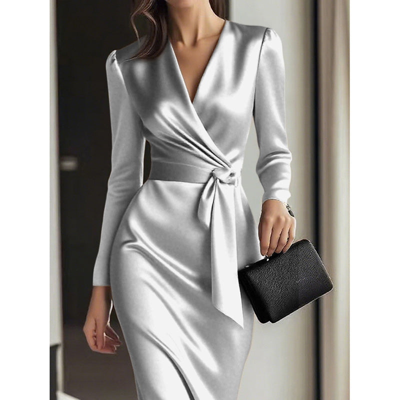 Burgundy Satin V-Neck Midi Dress