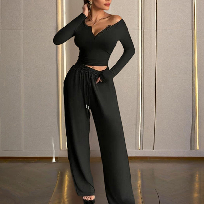 V-Neck Top & Wide-Leg Pants Set