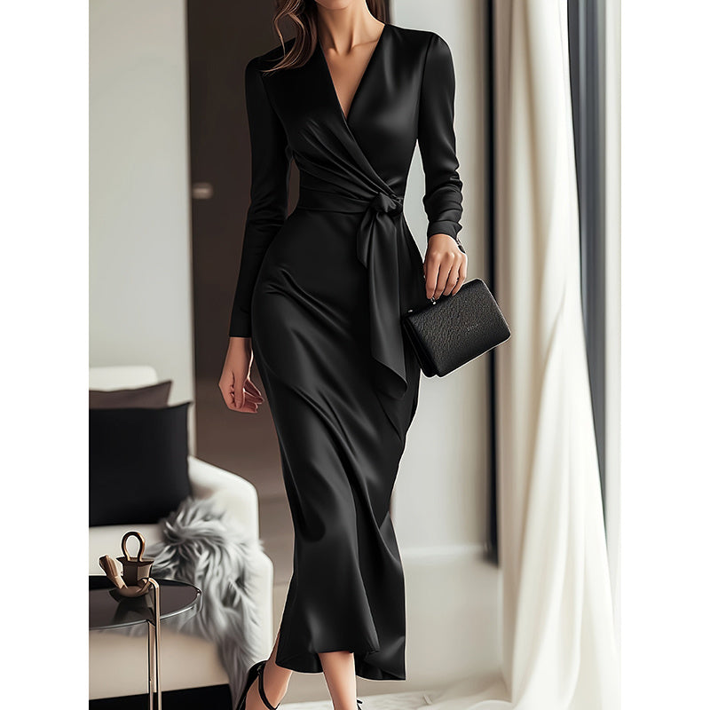 Burgundy Satin V-Neck Midi Dress