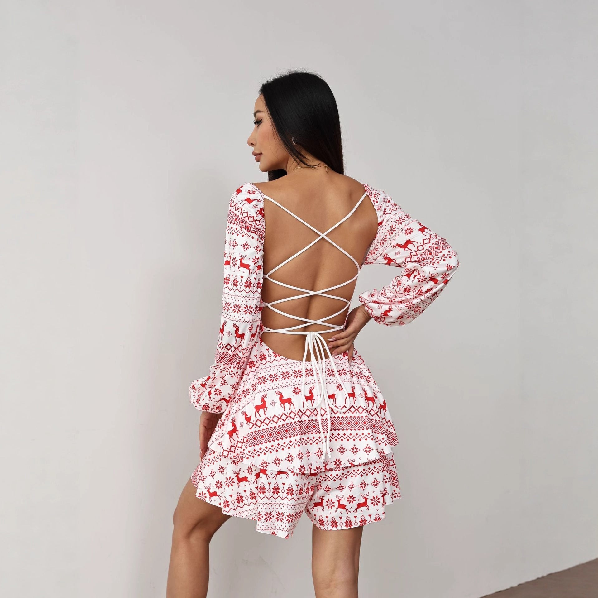 New Christmas Elk Printing Drawstring Backless Long Sleeves Dress