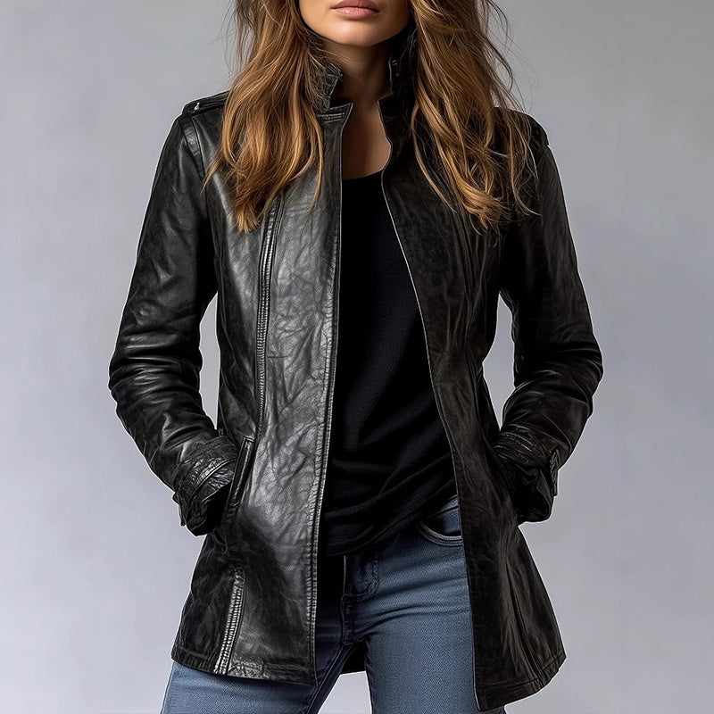 PU Leather Mid-Length Jacket
