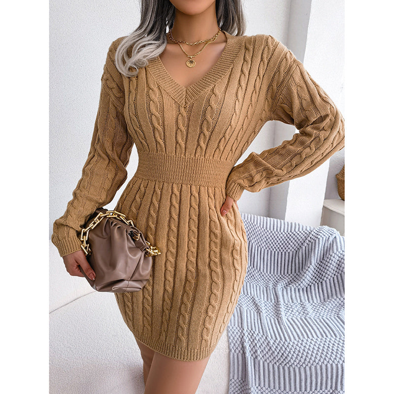 V-Neck Long Sleeve Bodycon Sweater Dress