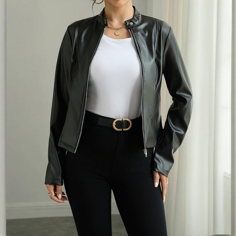 Faux Leather Stand Collar Blazer