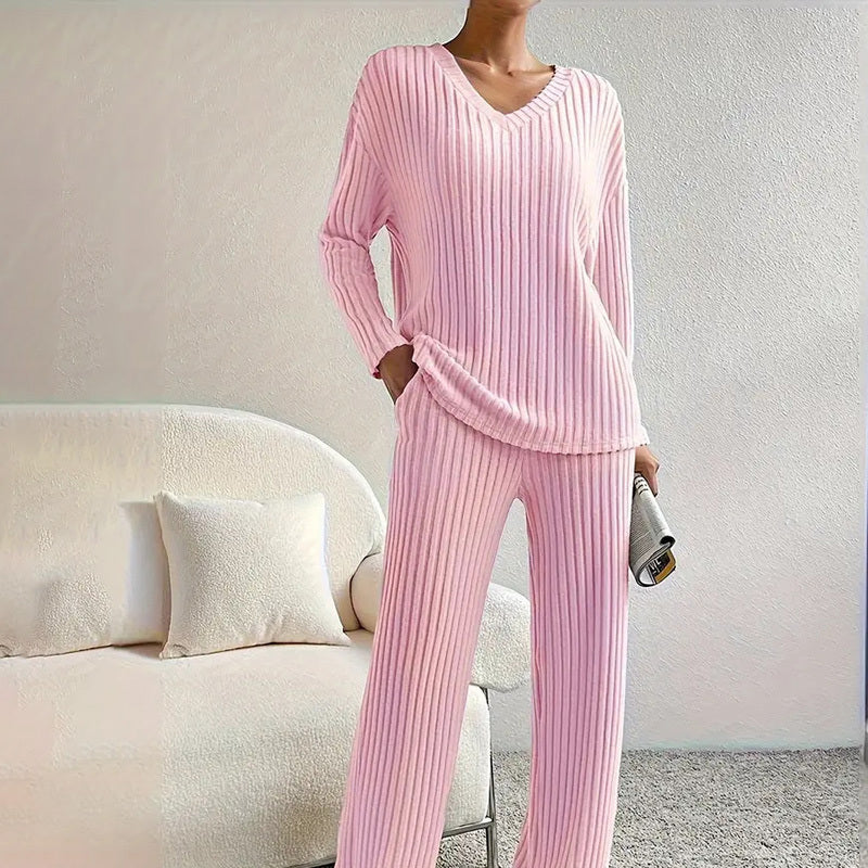 V-Neck Ribbed Top & Straight Leg Pants Set