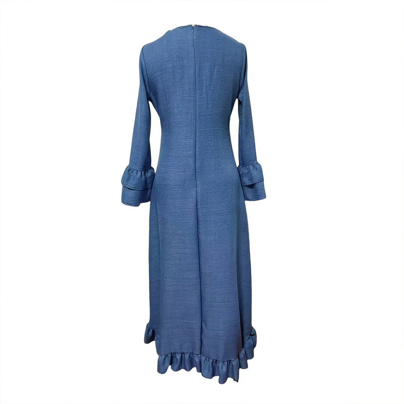 Deep V-Neck Long Sleeve Ruffled Dress