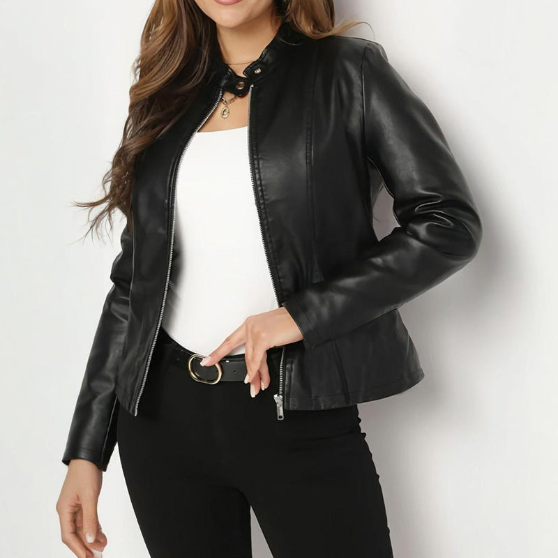 Faux Leather Stand Collar Blazer