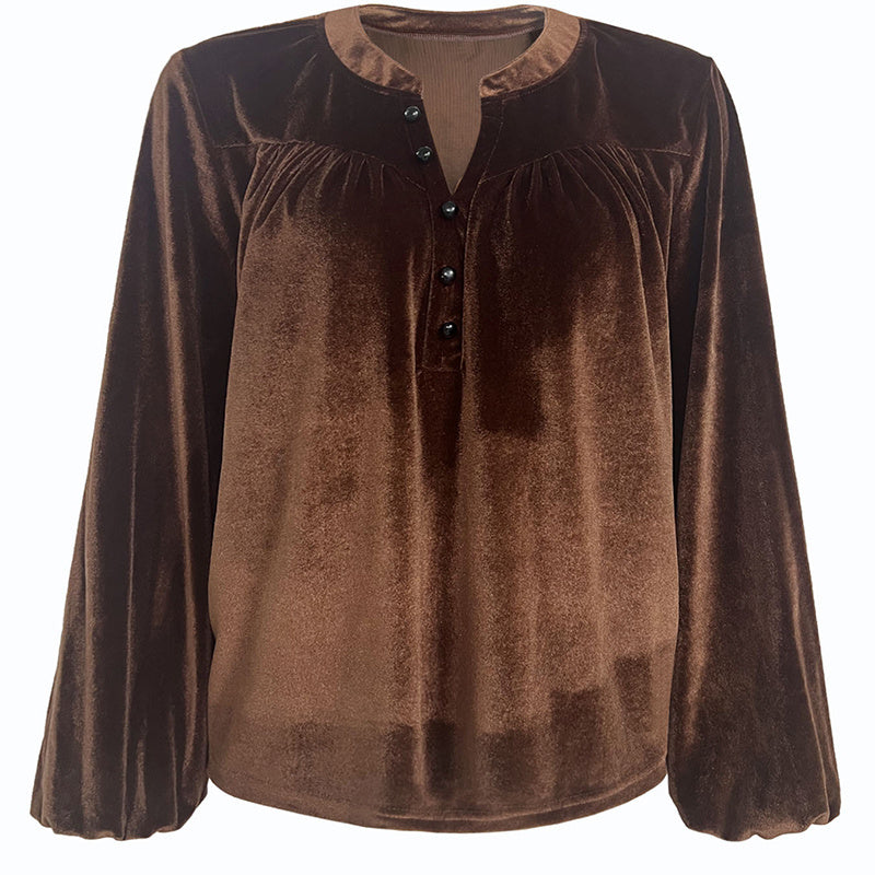 Solid V-Neck Button Detail Blouse