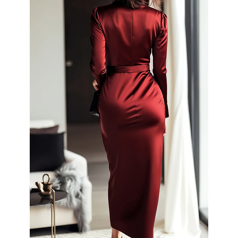 Burgundy Satin V-Neck Midi Dress