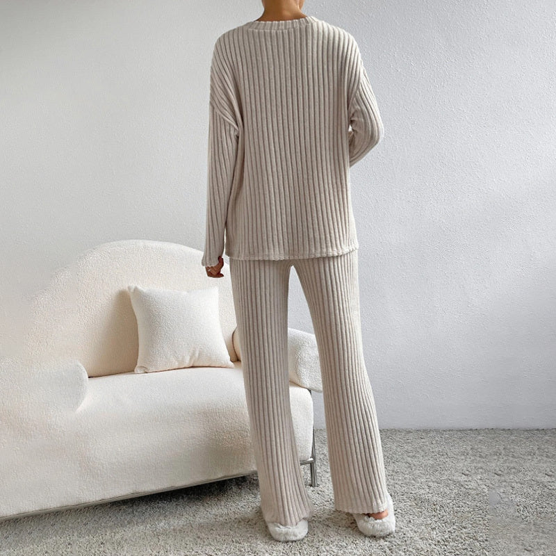 V-Neck Ribbed Top & Straight Leg Pants Set
