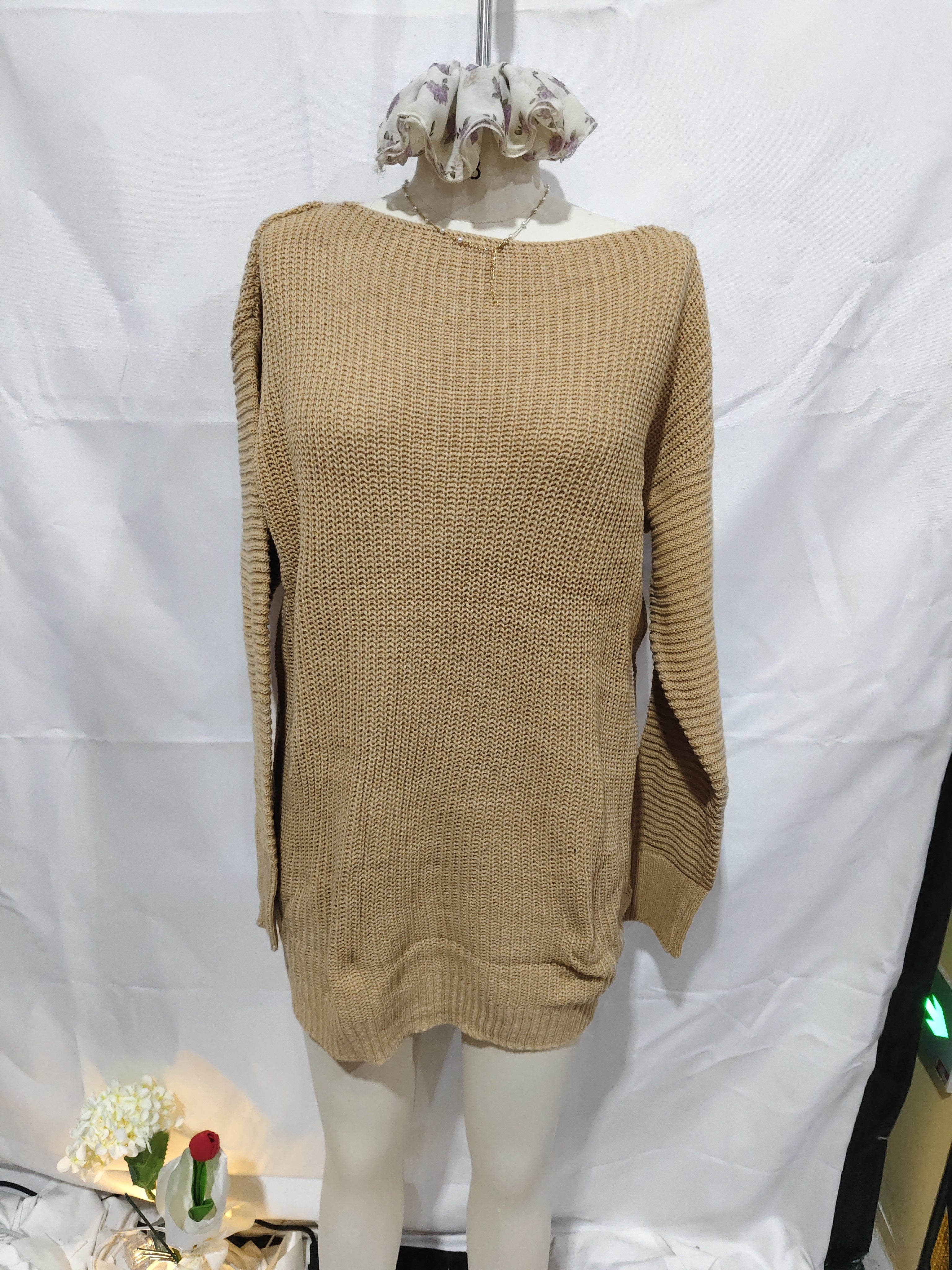 Off Shoulder Knitted Sweater Dress Autumn  Winter Loose Long Sleeve