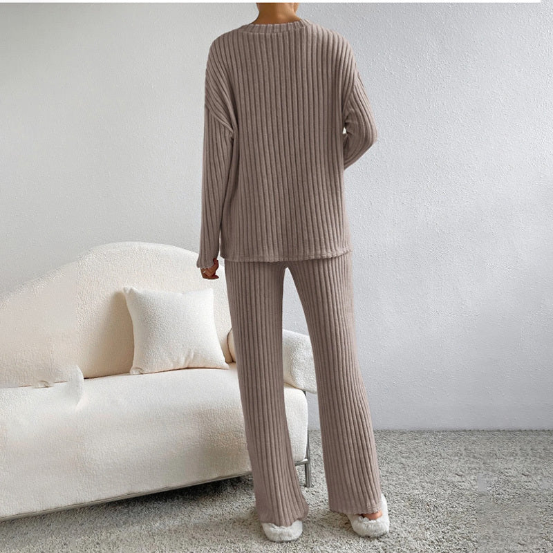 V-Neck Ribbed Top & Straight Leg Pants Set