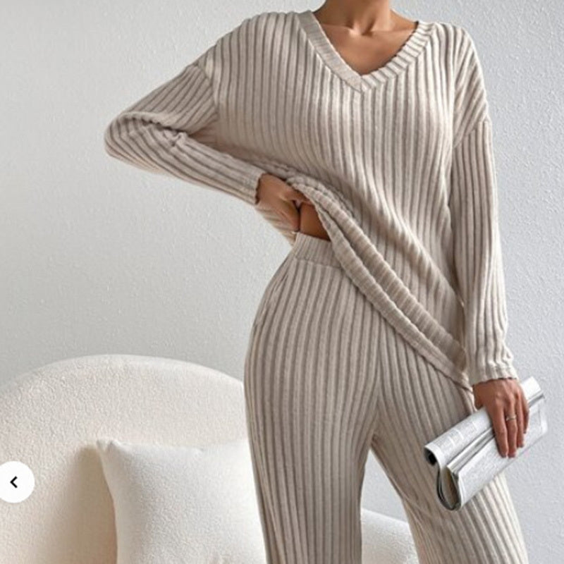 V-Neck Ribbed Top & Straight Leg Pants Set