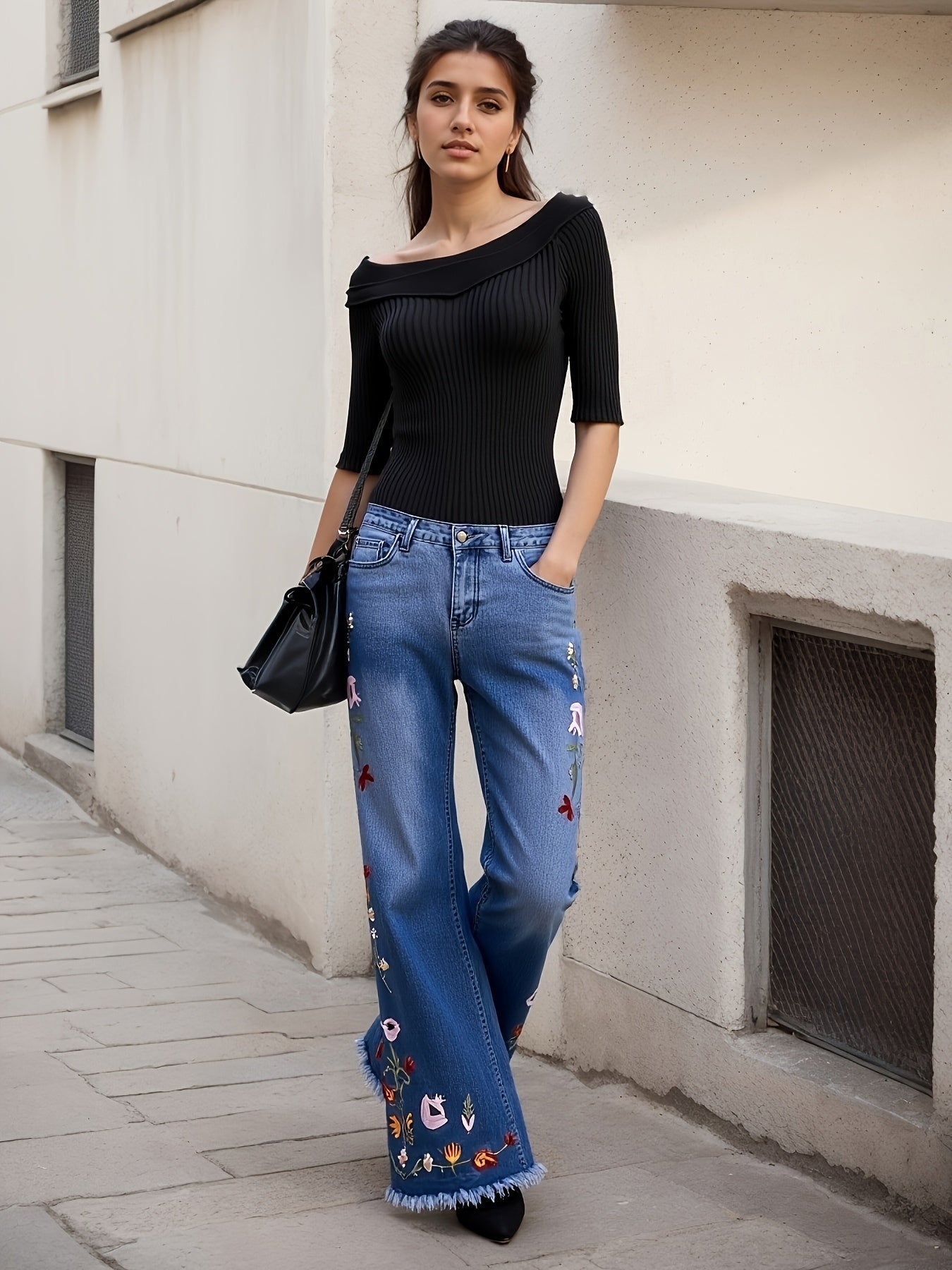 High Waist Embroidered Bell Bottom Jeans