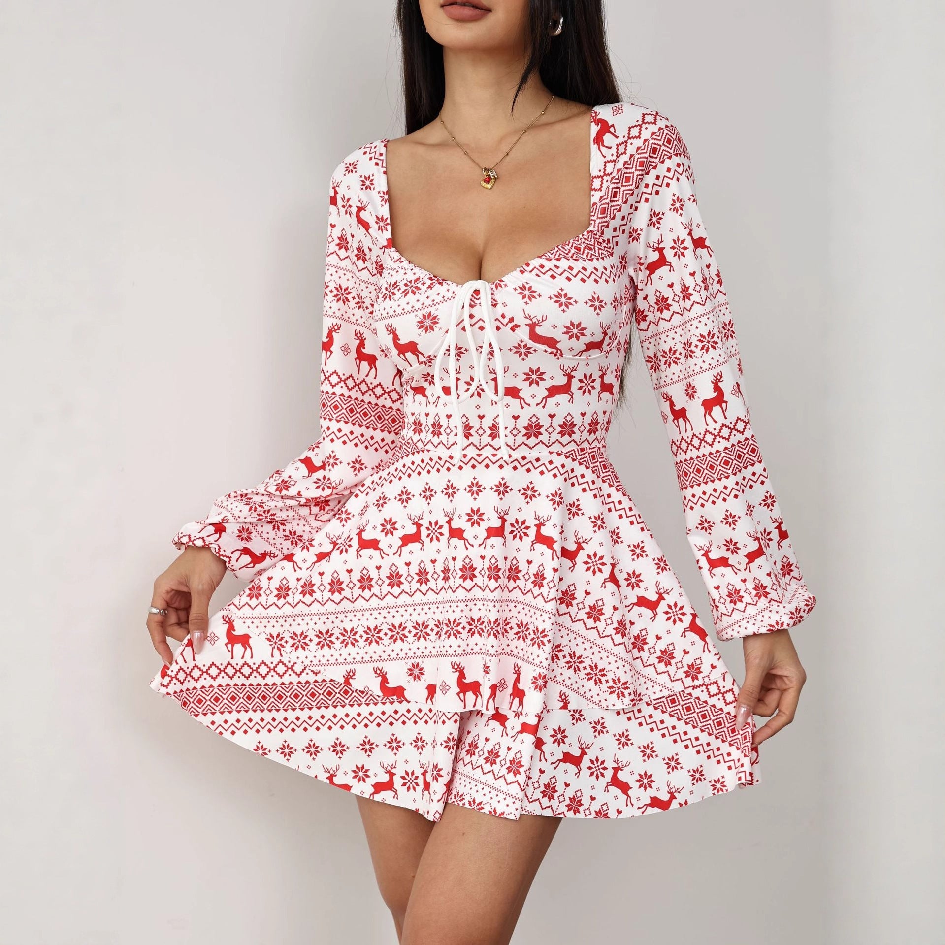 New Christmas Elk Printing Drawstring Backless Long Sleeves Dress
