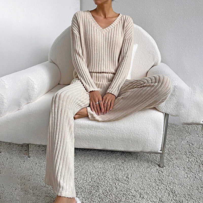 V-Neck Ribbed Top & Straight Leg Pants Set