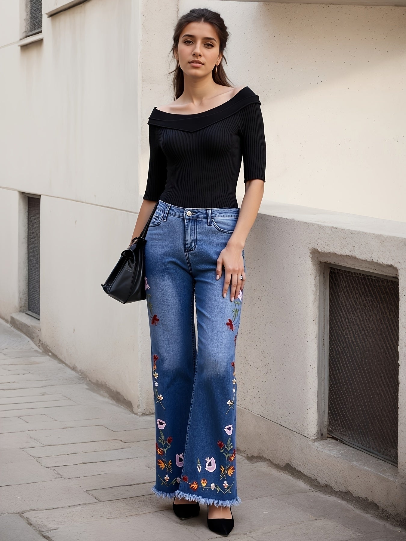 High Waist Embroidered Bell Bottom Jeans