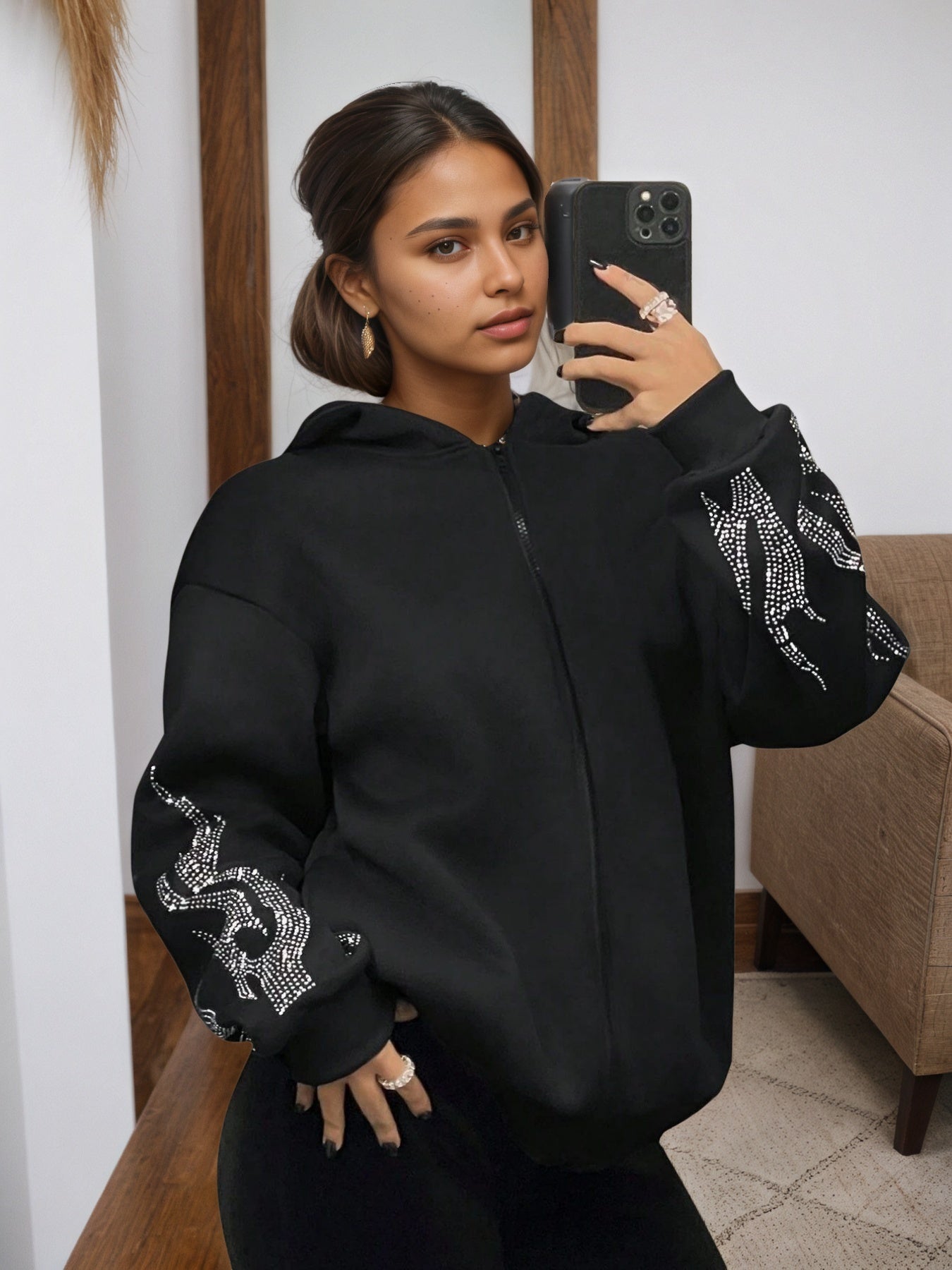 Flame Print Hooded Zip-Up Jacket