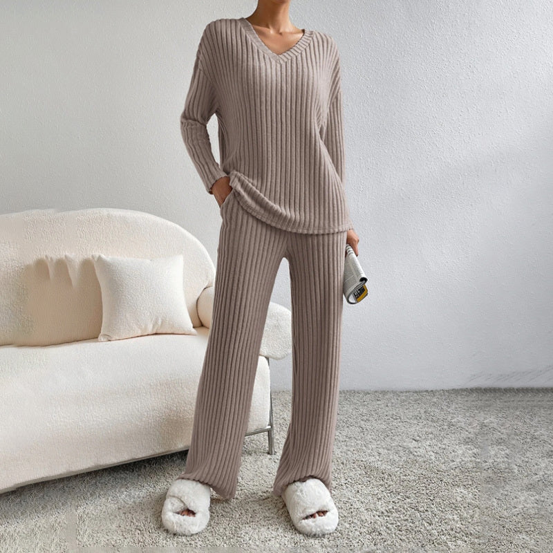 V-Neck Ribbed Top & Straight Leg Pants Set