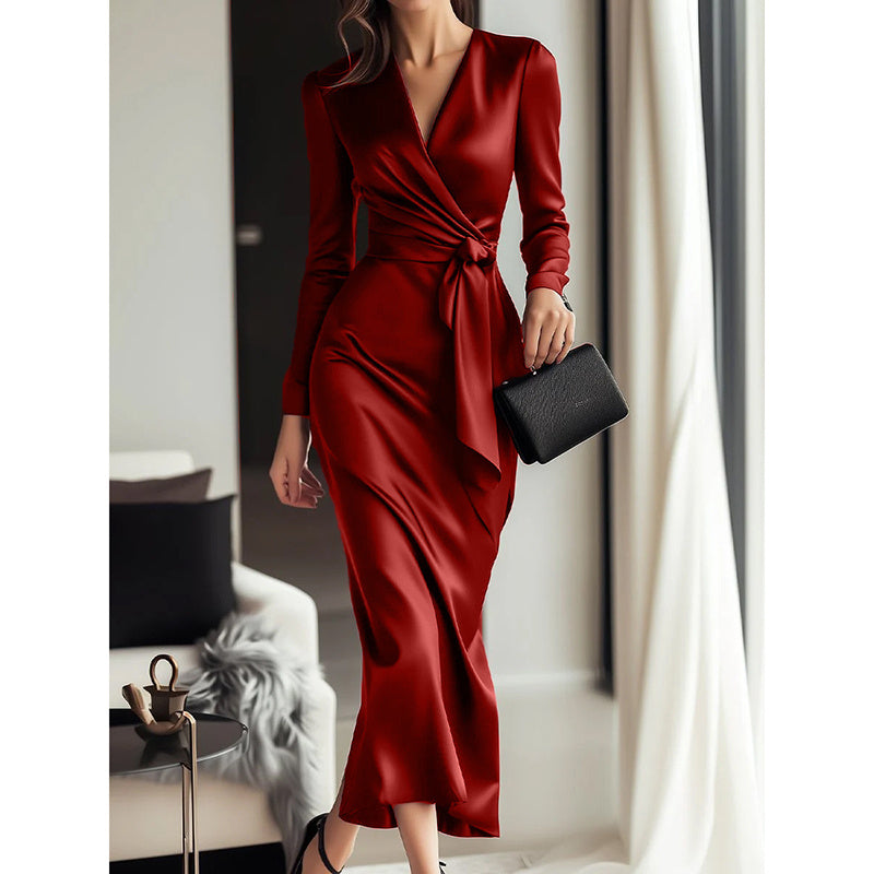 Burgundy Satin V-Neck Midi Dress
