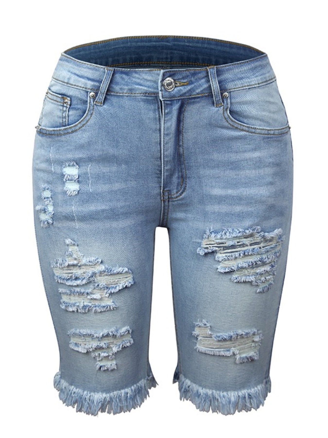Ripped Denim Quarter-Length Shorts