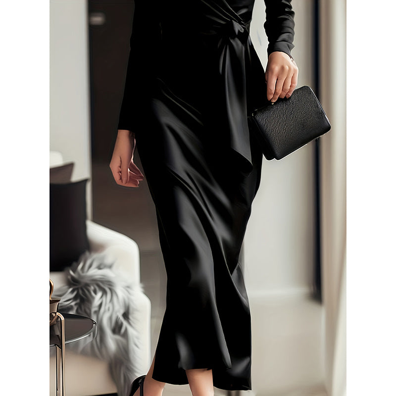 Burgundy Satin V-Neck Midi Dress