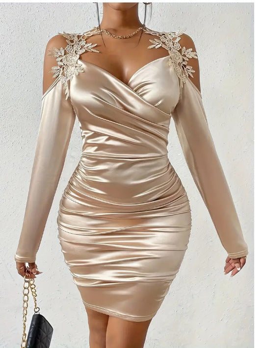 Satin Lace Bodycon Dress with Pleated Skirt