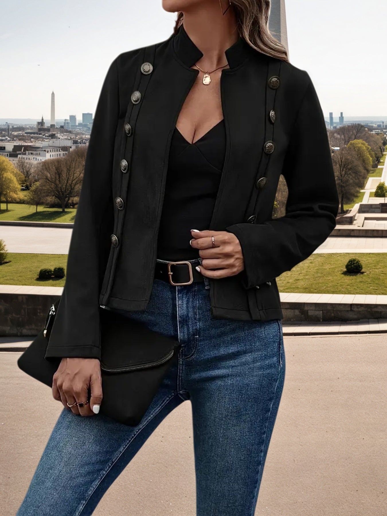 Solid Color Double-Breasted Jacket