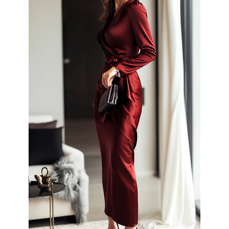 Burgundy Satin V-Neck Midi Dress