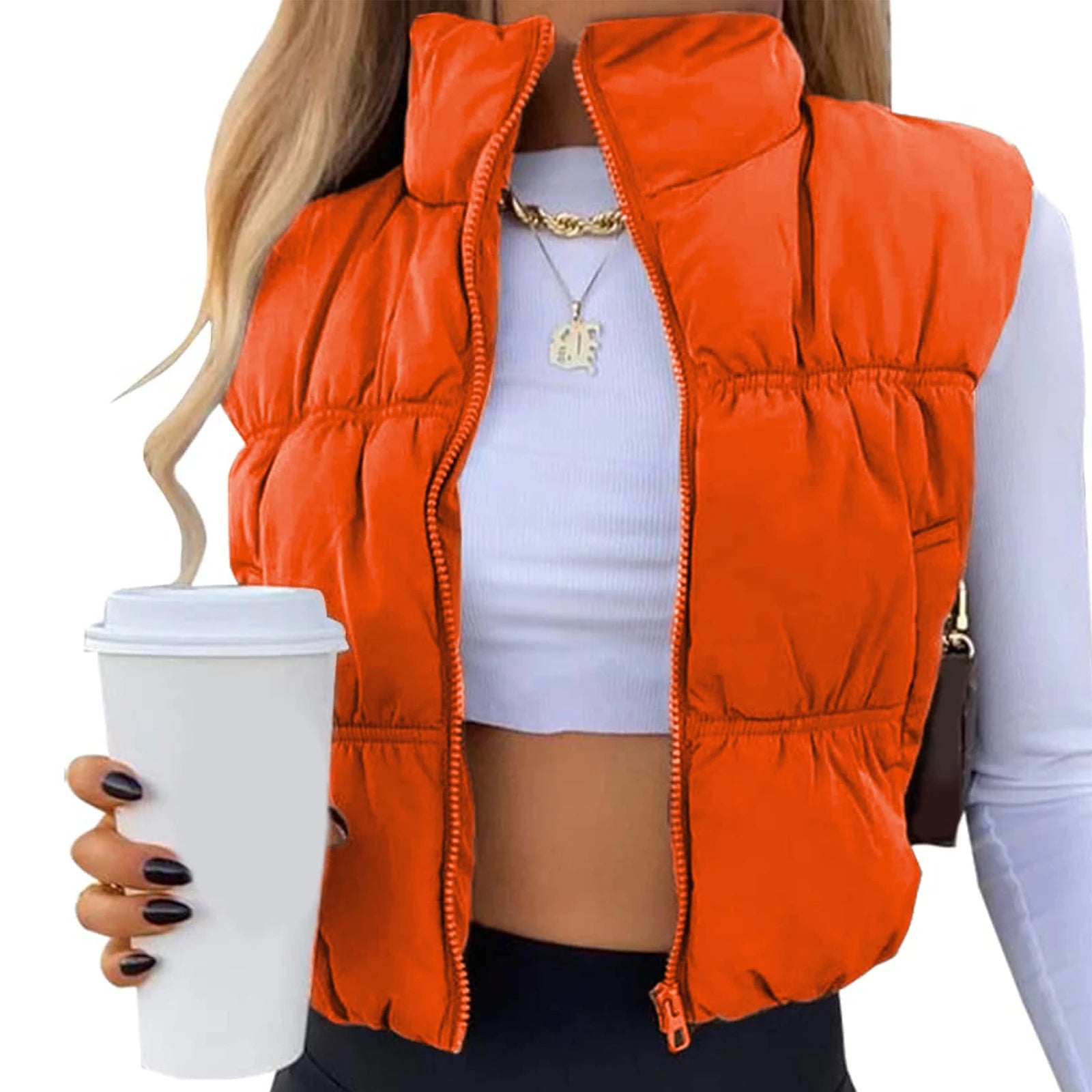 Quilted Puffer Vest with Stand Collar