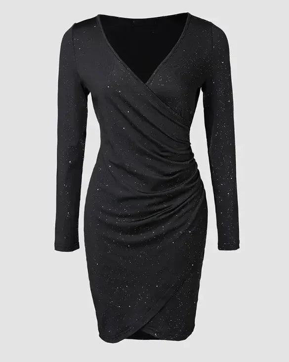 Black Glitter V-Neck Ruched Mini Dress