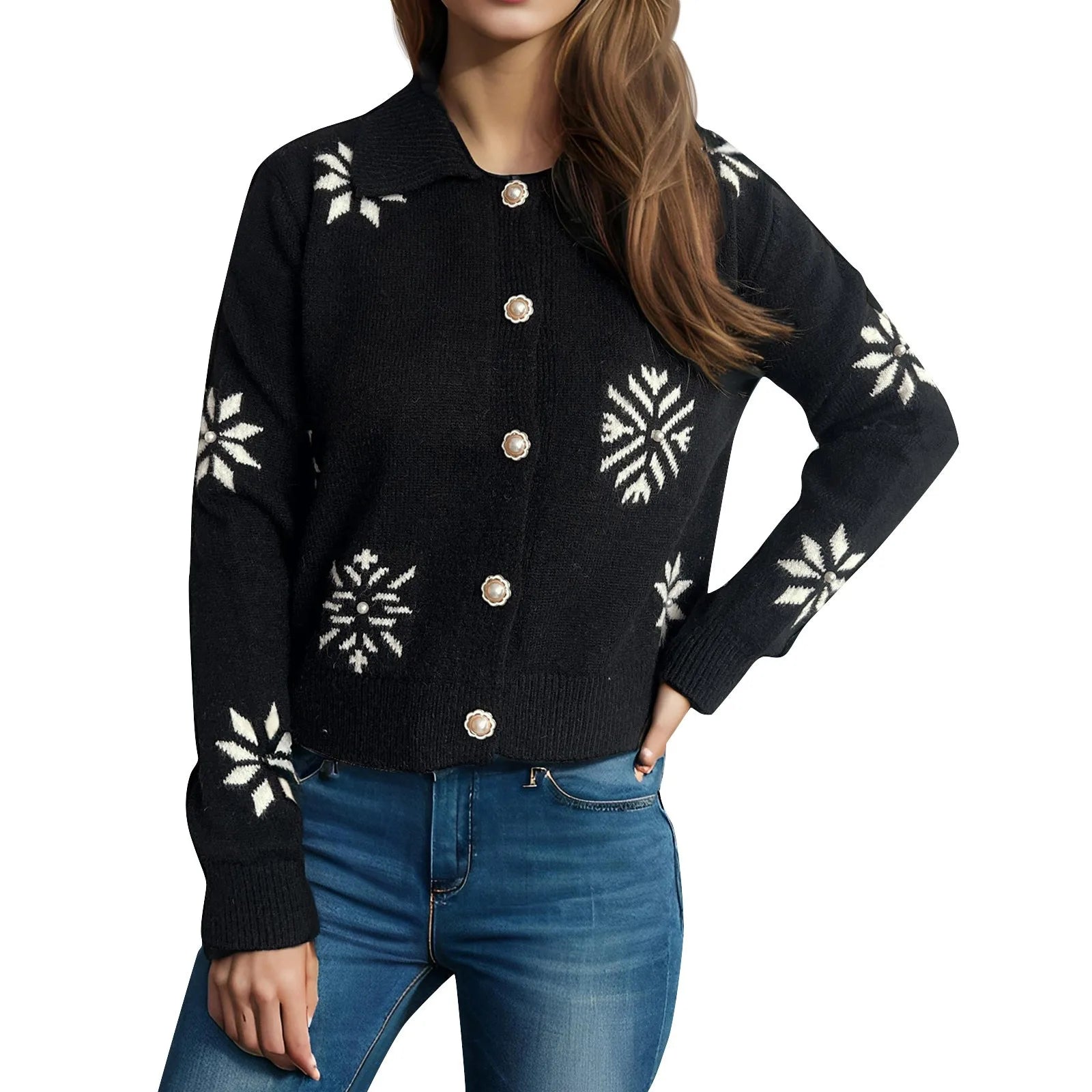 Snowflake Knit Button-Up Cardigan