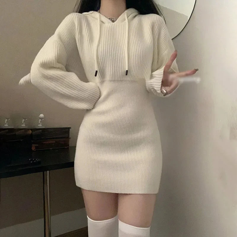 White Knit Hooded Mini Dress