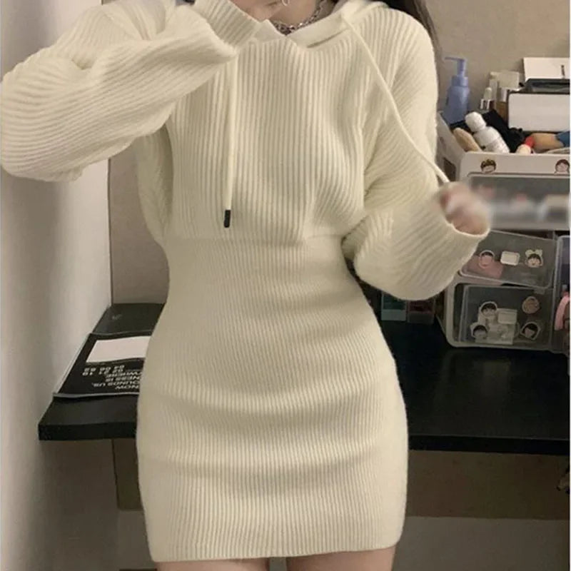 White Knit Hooded Mini Dress