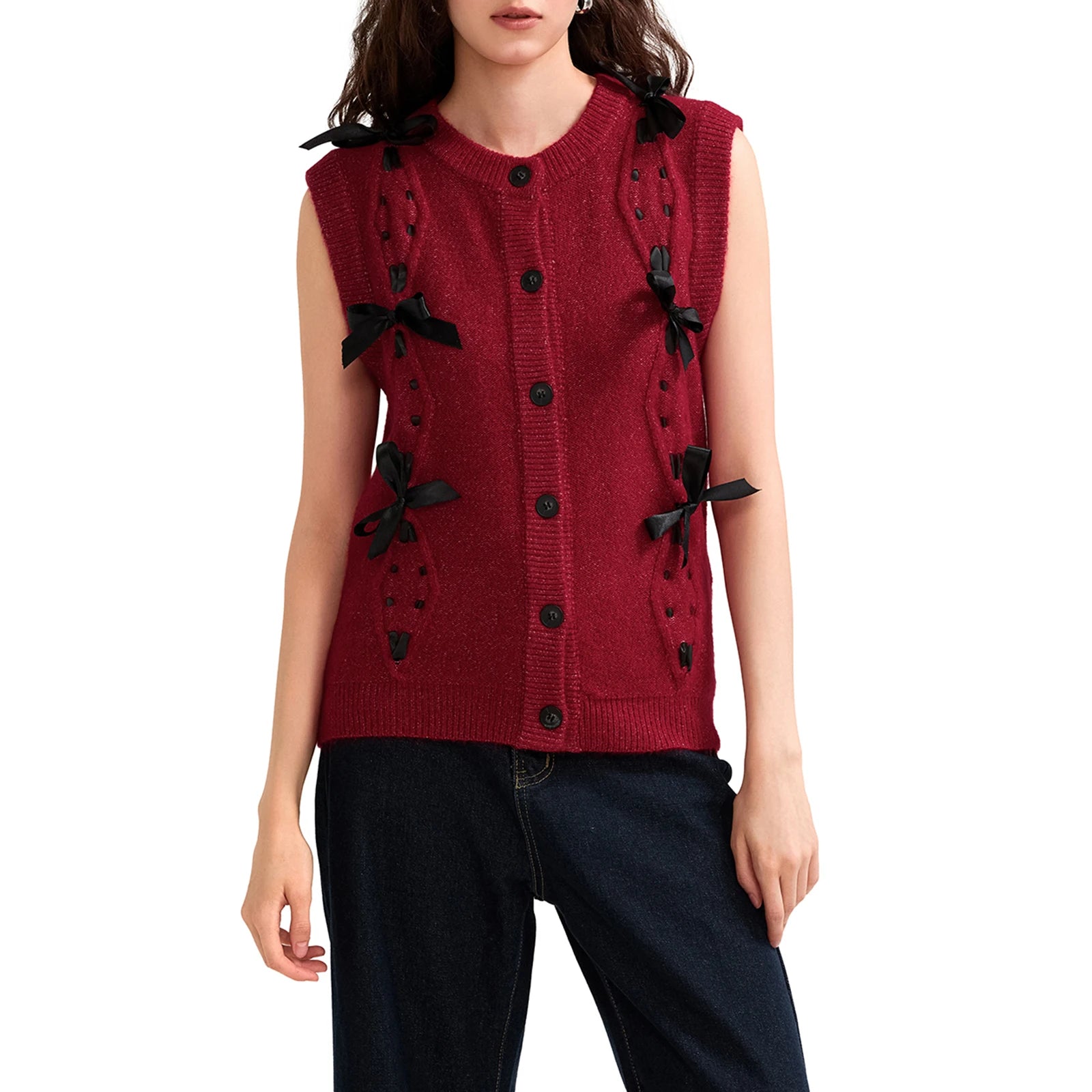 Elegant Cable Knit Sleeveless Vest with Bow Detail