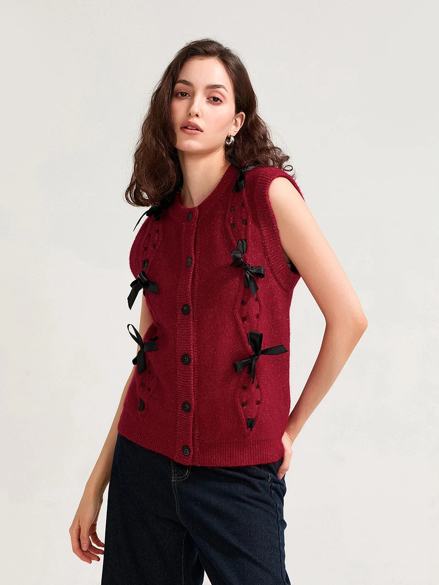 Elegant Cable Knit Sleeveless Vest with Bow Detail