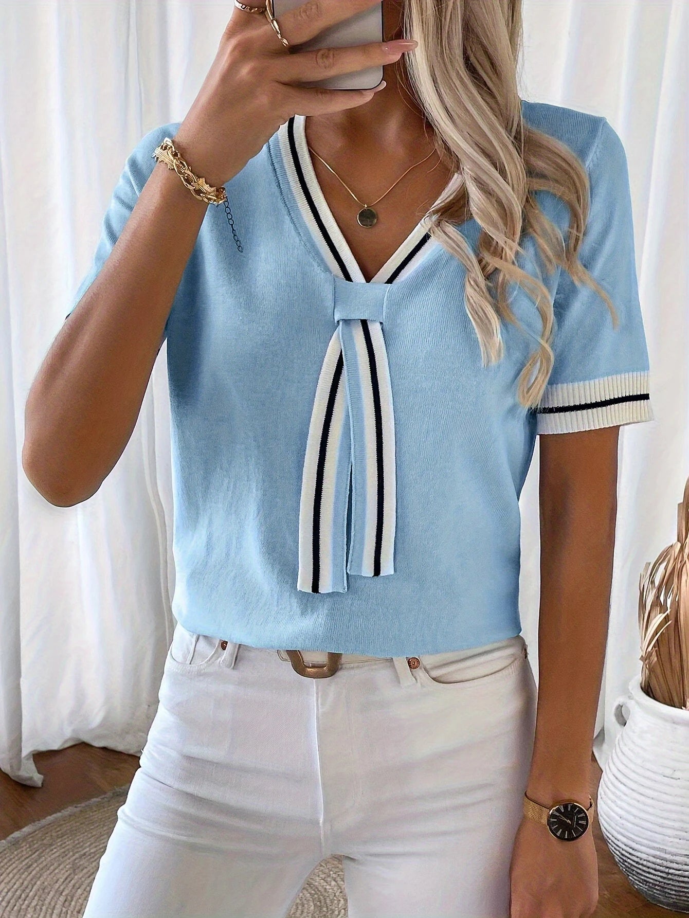 V-Neck Ribbon Knit Top