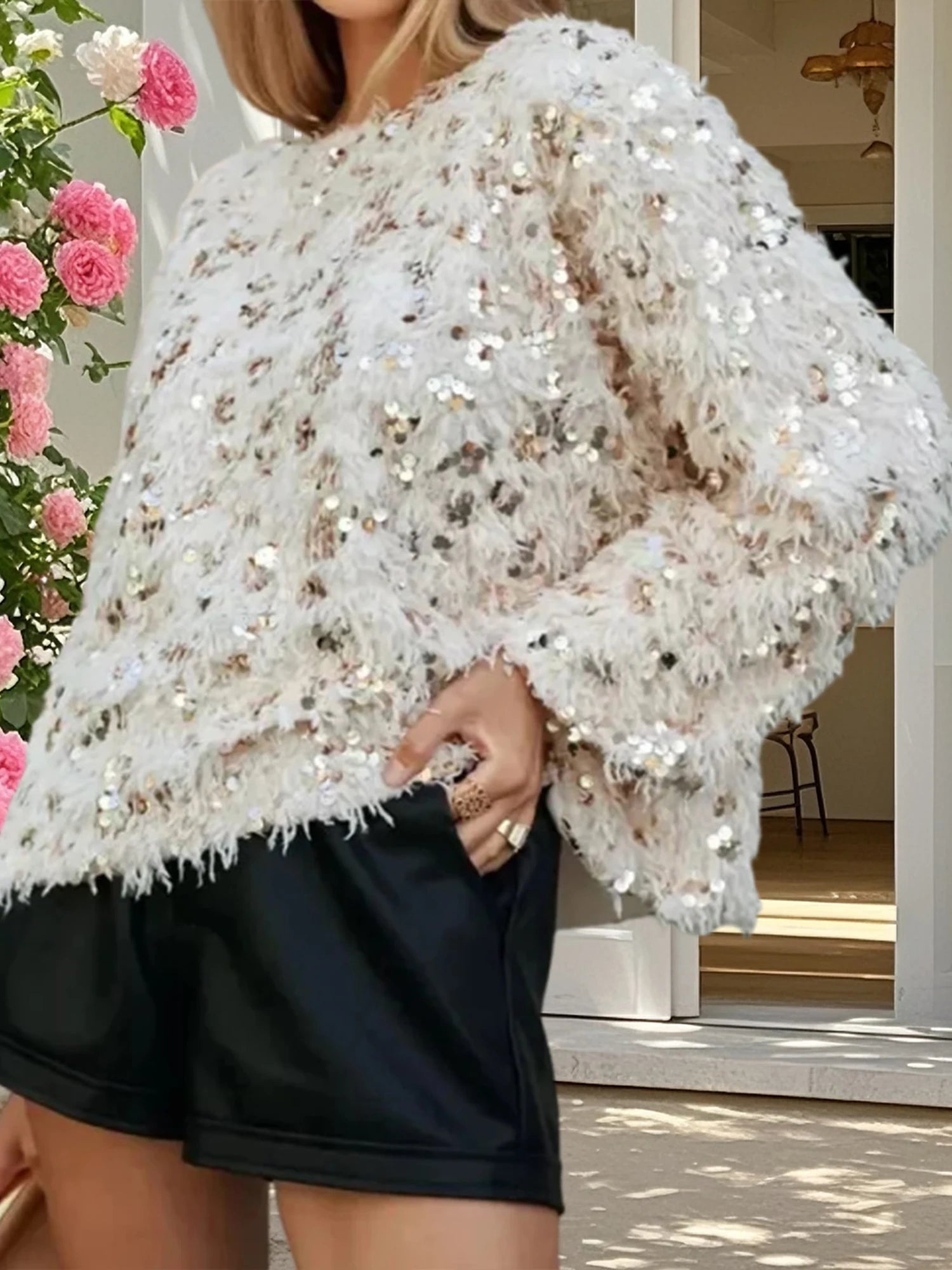 Sequin Feather Knit Sweater